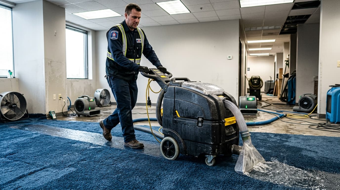 Commercial high-velocity air mover and LGR dehumidifier in operation during structural drying