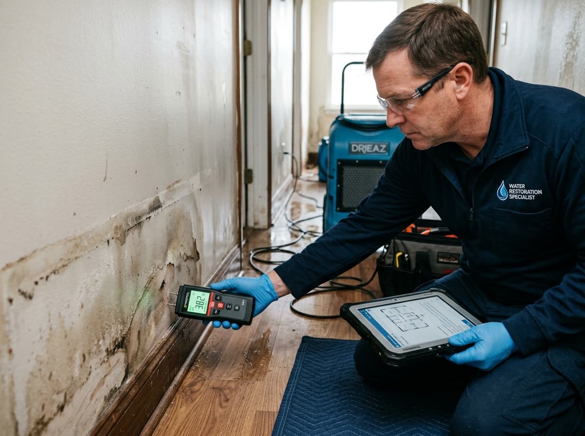 Technician conducting safety hazard inspection before beginning water restoration