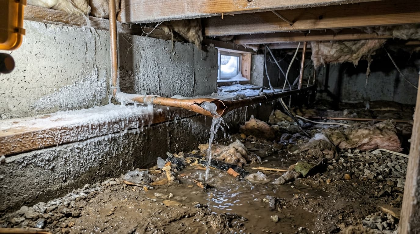 Frozen burst copper pipe with icicles leaking water into an unheated residential crawl space during a Boise winter freeze