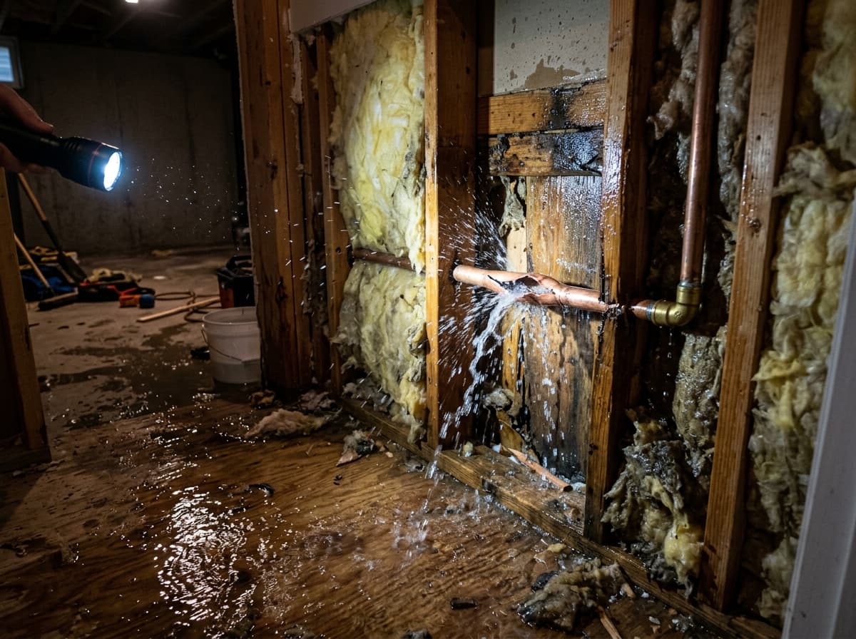 Ruptured copper water supply line inside crawl space showing freeze damage