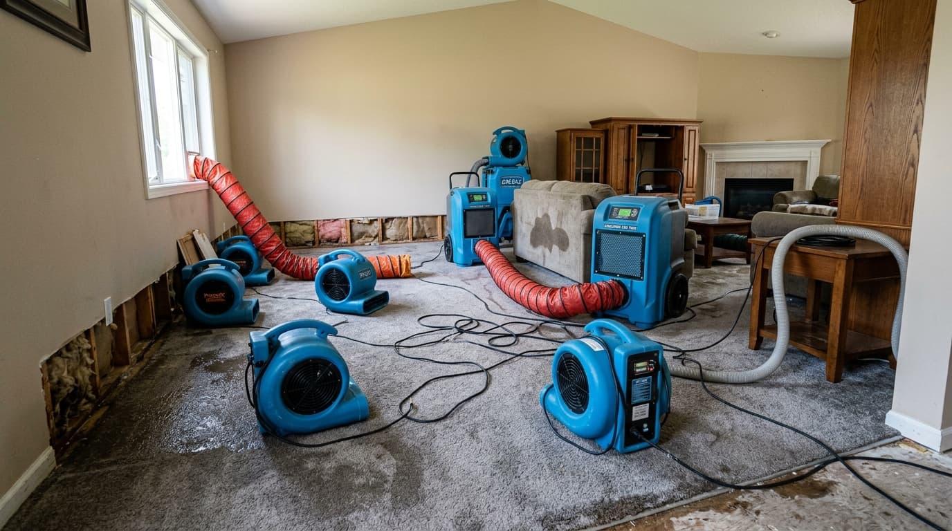 Commercial drying equipment setup operating in structural environment