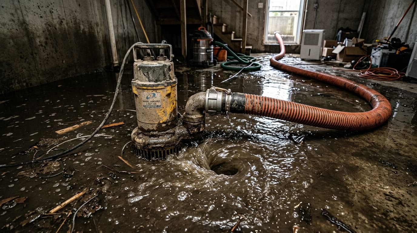 Submersible pump draining groundwater from residential foundation crawl space