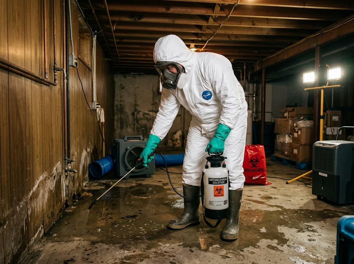 Technician applying antimicrobial sanitizing agent to structural framing