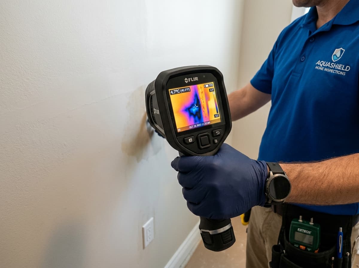 Technician using digital moisture meter on structural wood stud