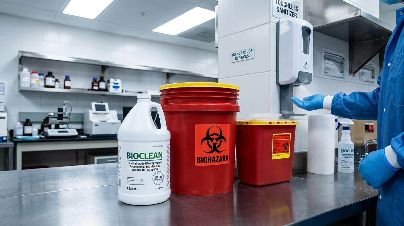 OSHA-compliant biohazard disposal containers and hospital-grade sanitizers
