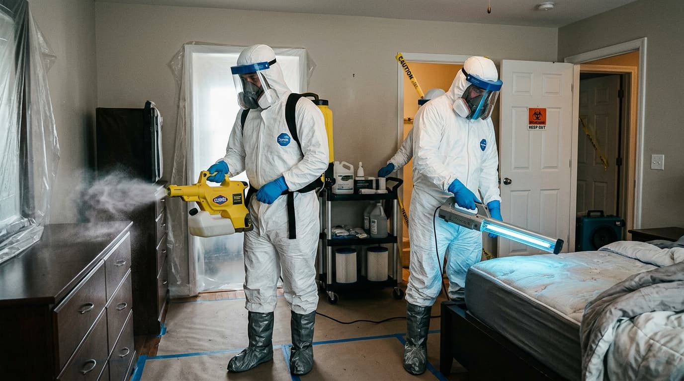 Biohazard cleanup specialists using electrostatic sprayers and UV sanitizing technology
