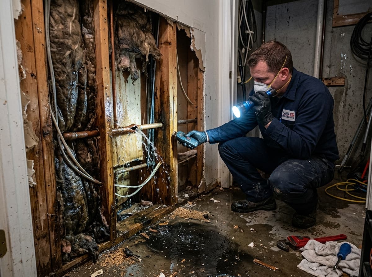 Technician inspecting ruptured copper water pipe and assessing wall cavity water damage in Boise