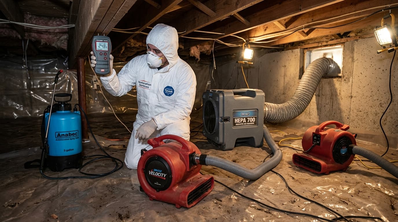 Low profile air movers and HEPA air scrubber in crawl space