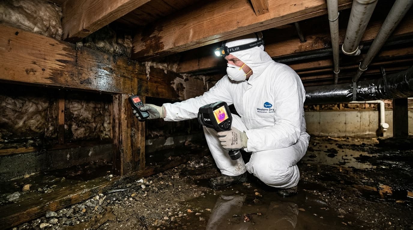 Technician in protective suit using thermal imaging and moisture meter in a flooded Boise crawl space