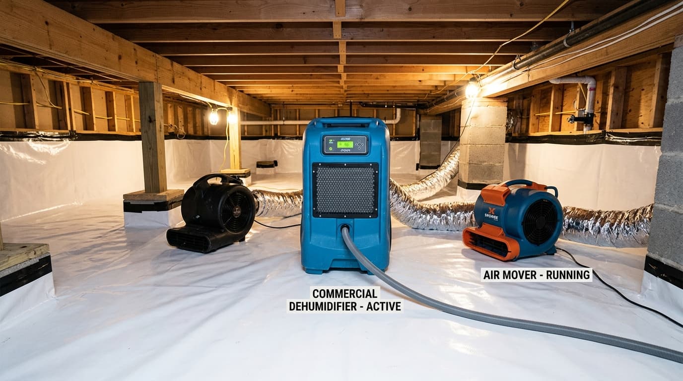 Commercial dehumidifier and air mover operating on clean white vapor barrier in crawl space