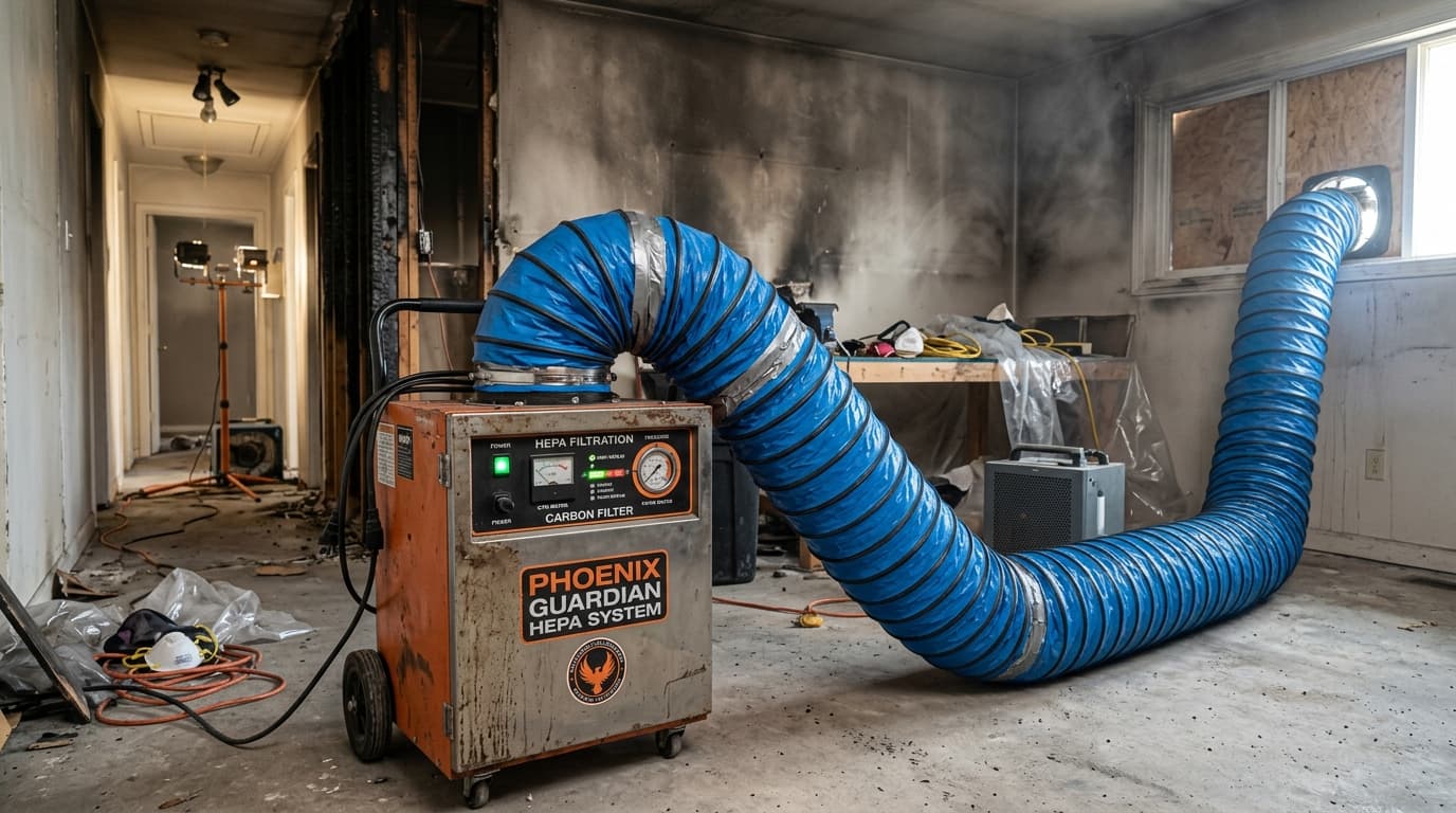 Commercial HEPA carbon filter air scrubbers with ventilation ducting