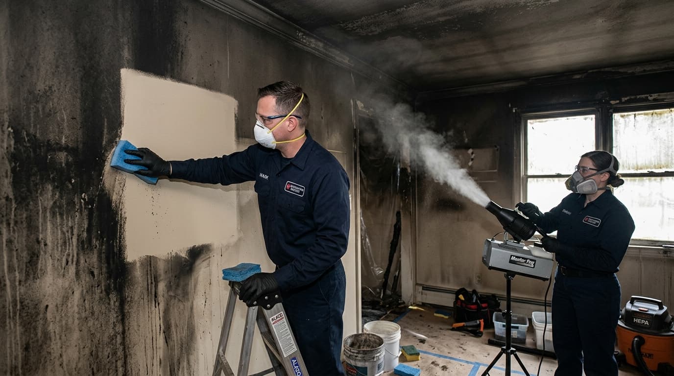 Restoration contractors removing smoke and soot from walls and deodorizing with thermal fogging