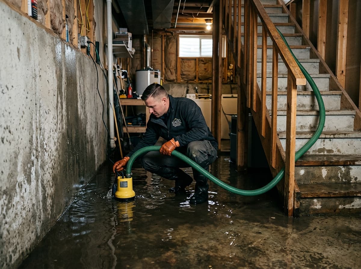 Technician deploying submersible pump and extraction tools in flooded Boise basement