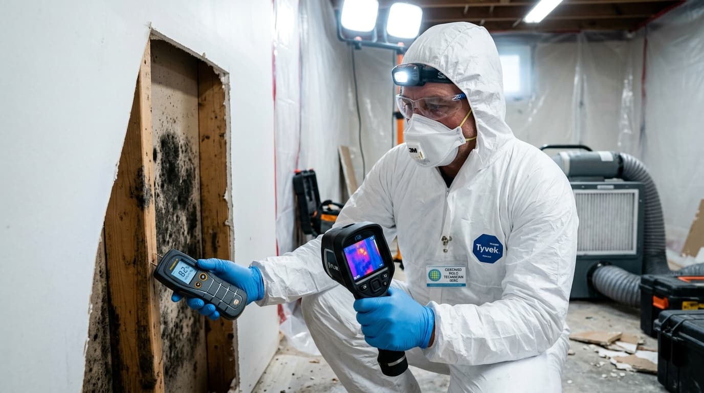 Certified mold remediation technician inspecting wall moisture in Greenleaf, ID