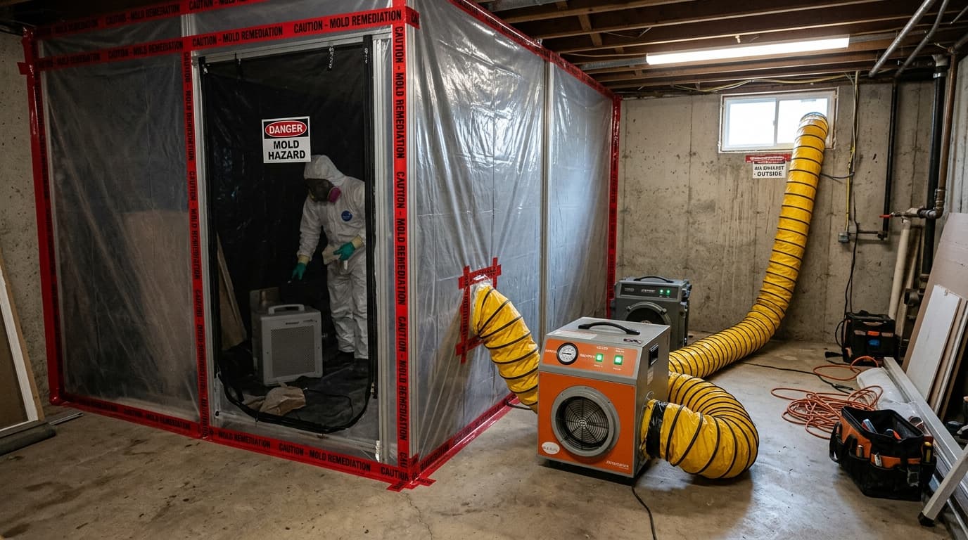 Negative air pressure containment chamber with HEPA filtration during mold remediation