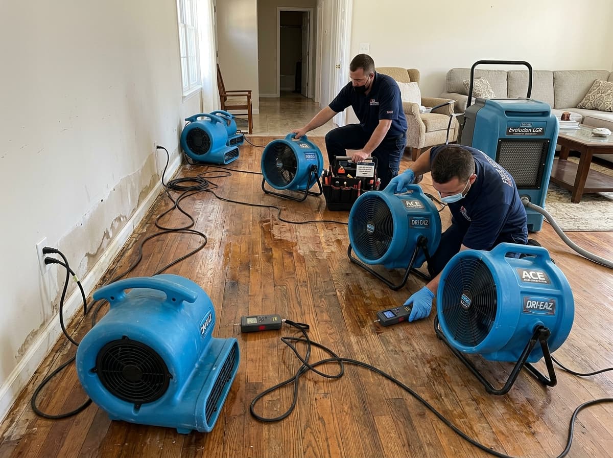 Array of commercial air movers and LGR dehumidifiers drying structural flooring in Boise home