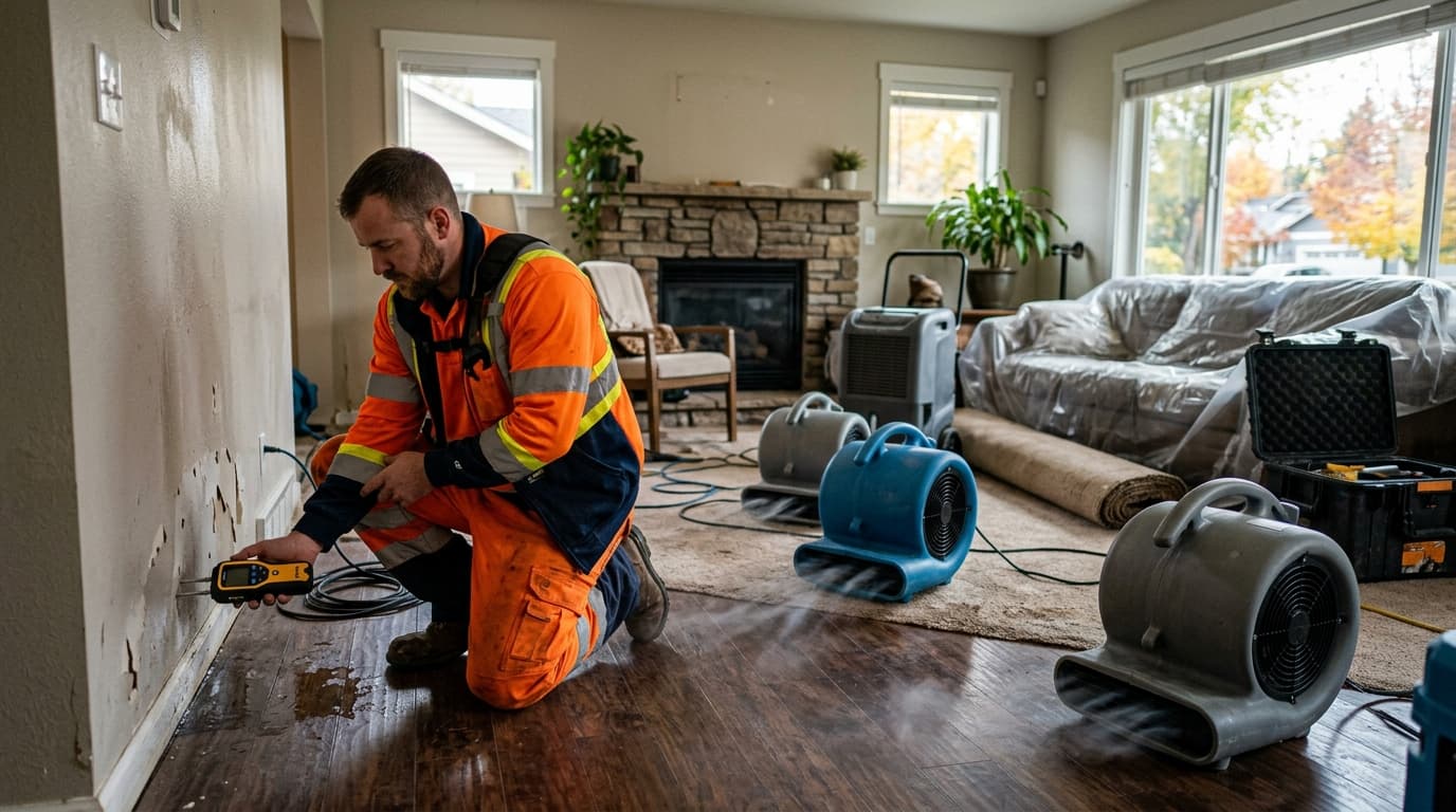Restoration technician using moisture meter and commercial drying equipment in a water damaged Boise home