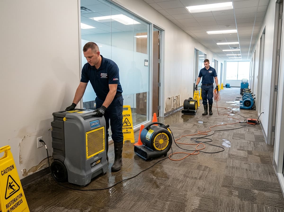 Commercial water damage drying equipment set up in office building corridor