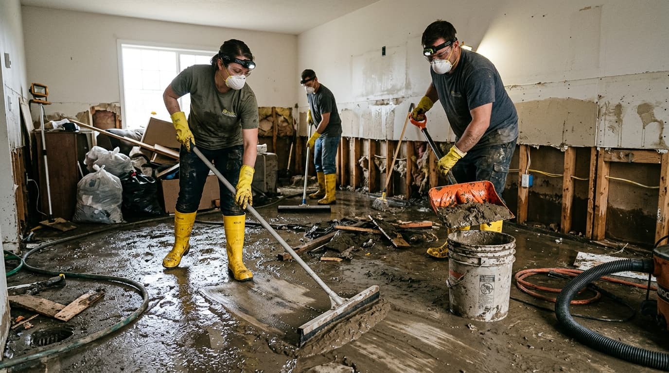 Flood cleanup and structural drying blowers operating in water-damaged living space